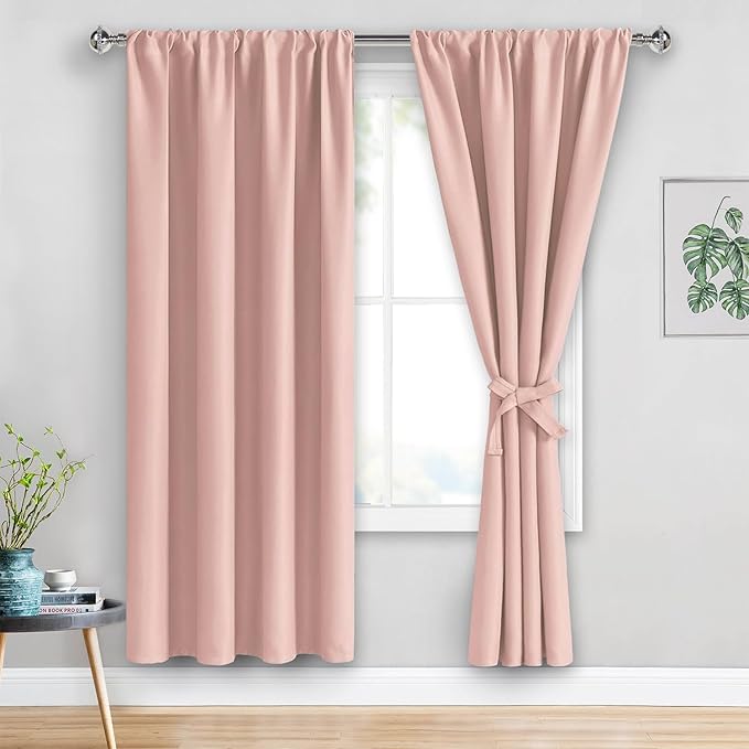 JIUZHEN Blackout Curtains for Bedroom - Thermal Insulated Room Darkening Rod Pocket Curtains for Living Room, Set of 2 Panels with Tiebacks, 38 x 72 Inch Length, Blush Pink