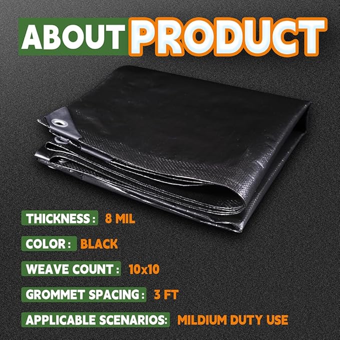 RAINDEWAY Large Black Tarp 14x14 Feet, UV Resistant, 8 Mil Multipurpose Medium Duty Waterproof Poly Tarp Cover with Metal Grommets and Reinforced Edges by RAINDEWAY