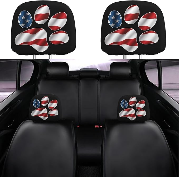 Dujiea 2 Pack USA Paw America Flag Car Headrest Covers, Universal Soft Car Seat Head Rest Cover Protector, Vehicle Accessories Fabric Headrest Cover for Cars Vans Trucks