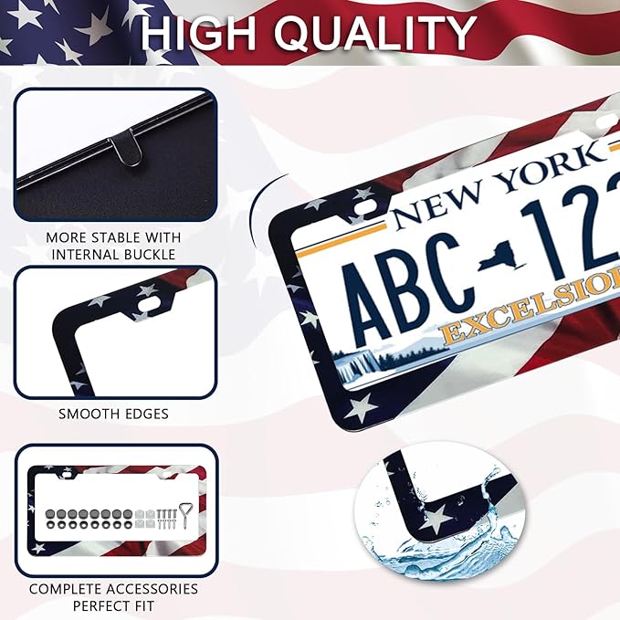 Patriotic American Flag License Plate Frame Holder - 2 Pack Universal Quality Metal Aluminum Matte Stripe US Flag Gloss Car Plate Frame Covers with 2 Holes and Free Screws Fasteners Caps
