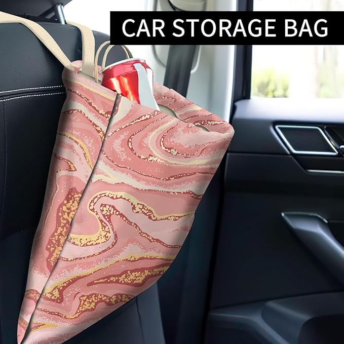 Car Trash Can, Cute Car Trash Bag, Hanging Car Organizer and Storage Bag, Trash Bin for Car Accessories, Vehicle, Travelling, Camping Luxury Pink Gold Marble