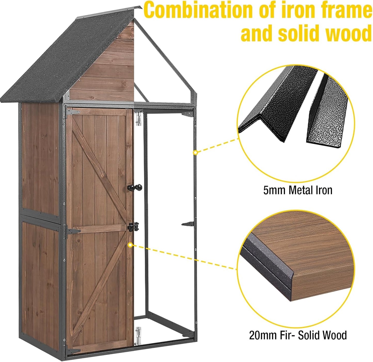 Outdoor Storage Shed,Vertical Wooden Tool Shed with Waterproof Roof,Adjustable 3 Tiers Shelves,Storage Tool Cabinet Box with Metal Frame Sloped Roof for Backyard Garden Patio Lawn (Dark Brown)