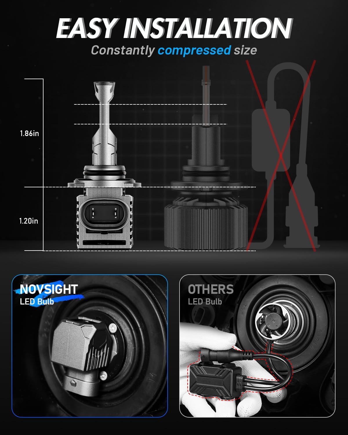 NOVSIGHT 9005 LED Fog Light Bulbs,50000 Lumens 6500K Cool White Light,800% Brightness,Plug and Play, Pack of 2