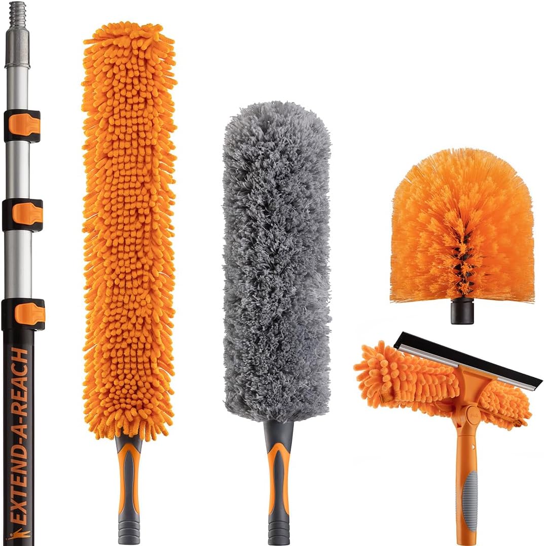 20 Foot High Reach Duster Kit with 4-12 ft Extension Pole // High Ceiling Dusting and Window Cleaning Kit with Telescopic Pole // Window Washer & Squeegee, Cobweb Duster, Fan Blade and Feather Dusters