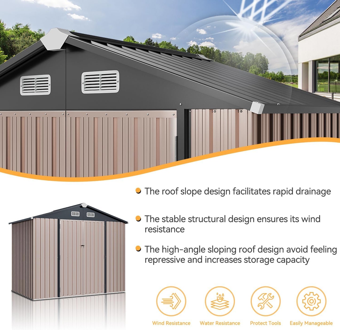 Aoxun 7x5 FT Outdoor Storage Shed with Floor Garden Metal Shed with Lockable Door Outdoor Large Shed for Tool, Garbage Can, Bike, Mower, Brown