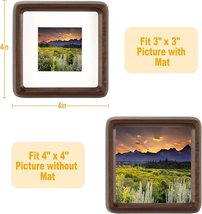 HELPLEX 4x4 Matted to 3x3 Square Picture Frame Set of 2 - Natural Walnut Wood with HD Tempered Glass, Convertible Design for Wall or Tabletop Display - Art Gallery & Luxury Home Office Decor