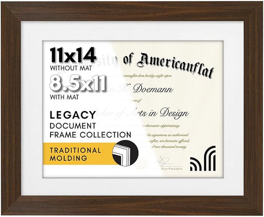 Americanflat 11x14 Walnut Diploma Frame | Certificate Frame Displays 8.5x11 Diplomas with Mat or 11x14 Inch Without Mat. Shatter-Resistant Glass. Hanging Hardware Included