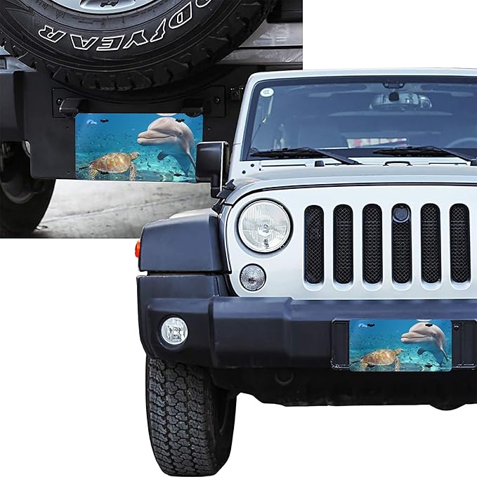 Front License Plate Sea Turtles Beluga Vanity Plates Aluminum Metal Decorative Car Tag Dolphin Novelty License Plate Cover for Men Women ‎6 * 12 in (4 Holes)