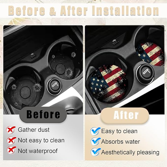 2 Pack Eagle American Flag Car Coasters for Cup Holders, USA Flag Ceramic Car Cup Holder Coaster for Car, Absorbent Car Cup Coasters with Cork Base Car Interior Accessories for Women Men