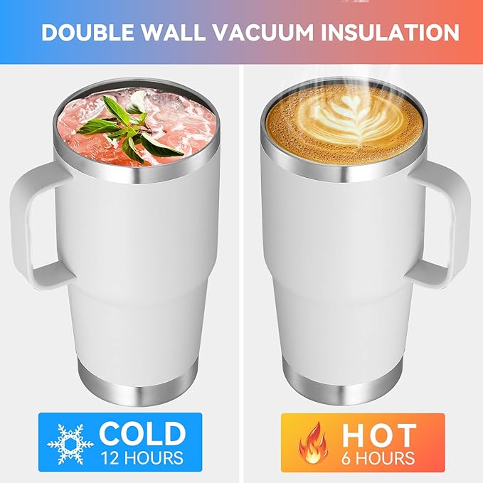 VEGOND 20 oz Tumbler Bulk with Handle Lid and Straw, Stainless Steel Insulated Travel Coffee Mug Set, Spill Proof Double Wall Metal Tumblers Cups, New White 12 Pack