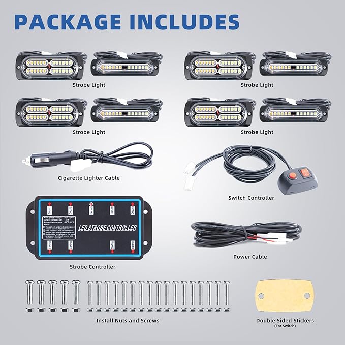 8pcs Sync Feature Emergency Strobe Grille Lights LED Ultra Slim Surface Mount Flashing Hazard Warning Light Bar with Controller for Firefighter/Construction/Trucks/Vehicles/Car (Red)