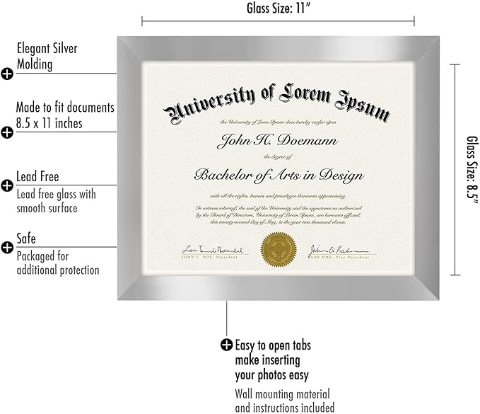Americanflat 8.5x11 Diploma Frame with Shatter-Resistant Glass - Document Frames with Engineered Wood - Legacy Collection - Certificate Frame for Tabletop and Wall Display - Silver