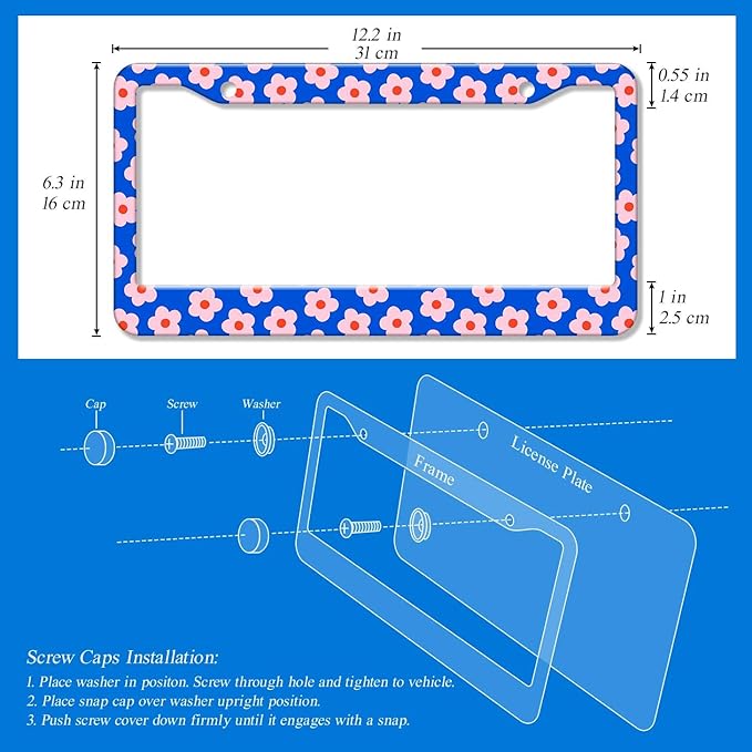 2PCS Pink & Blue Flowers Pattern License Plate Frames for Men Women - Universal Aluminum Stainless Steel Floral Car Tag Covers Holder with Screws, Caps, Rattle Proof Pads and Handlebar Stickers