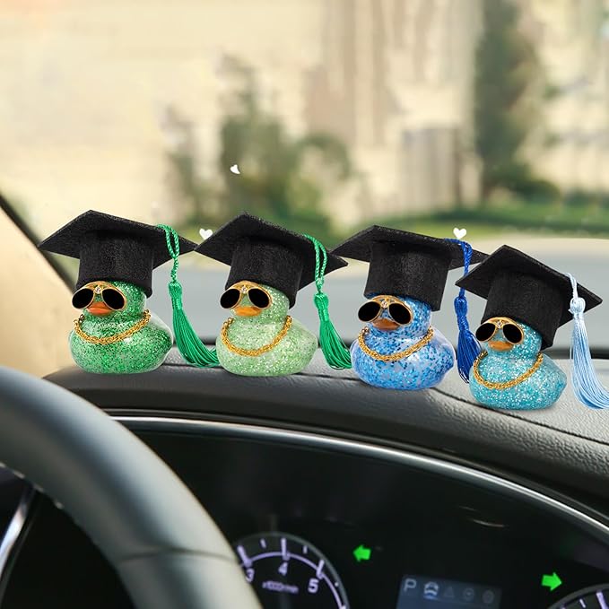 wonuu Car Dashboard Decor Graduation Hat Color Rubber Duck, Car Ducks Ornaments with Mini Graduation Hat Necklace Sunglasses (Light Green)