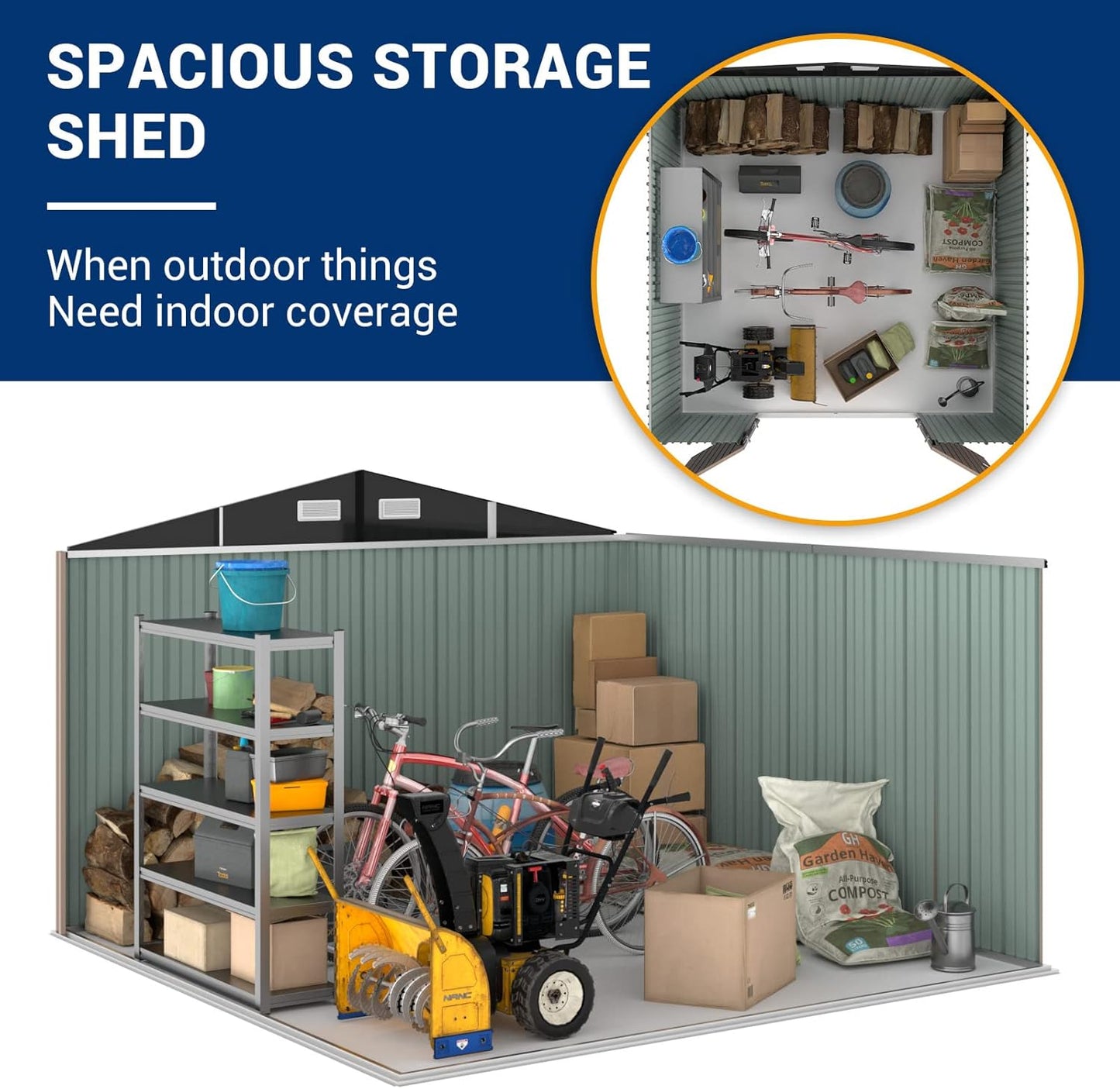 UDPATIO Outdoor Storage Shed 10x10 FT, Outside Sheds & Outdoor Storage Metal Galvanized Steel for Backyard, Patio, Lawn, Tool Shed with Lockable Door for Trash Can, Bike, Lawnmower, Generator