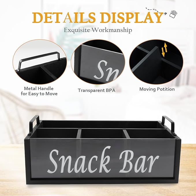 Snack Organizer for Countertop, 4 Compartments Snack Containers with Handles, Wooden Snack Stand for Kitchen Pantry Organizer and Storage