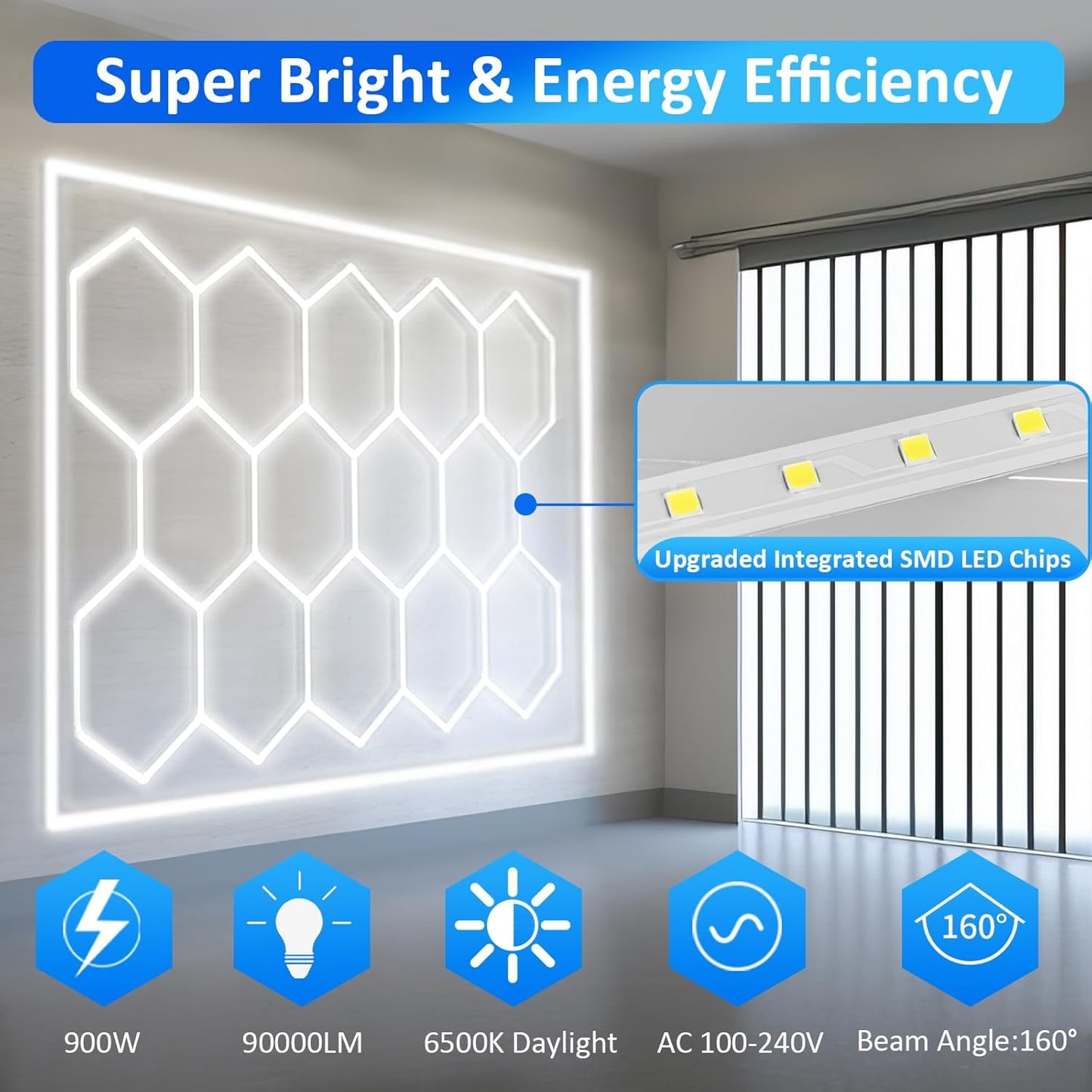 tewei Hexagon LED Garage Lights with Rectangle Frame, 900W 90000LM 6500K, Ultra-Bright Hexagon LED Shop Lights for Garage, 14 Grids Hex Ceiling Light for Workshop, Warehouse, Gym, Car Detailing Shop