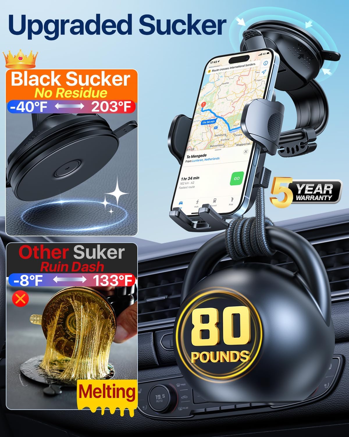 HTU Upgraded Strongest Suction Car Phone Holder Bendable Arm, Never Block View Rotatable Cellphone Mount for Dashboard Windshield Vent, Cradle Stand for iPhone 16 15 14 13 12 Pro Max (Grape Purple)