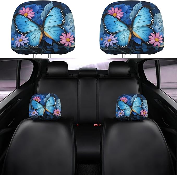Dujiea 2 Pack Butterfly Flower Car Headrest Covers, Universal Soft Car Seat Head Rest Protector, Vehicle Accessories Fabric Headrest Cover for Cars Vans Trucks