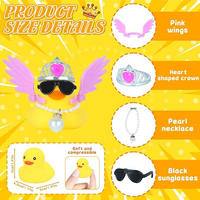 DIY Angel Rubber Duck with Crown & Wings - Sparkly Princess Duck for Car Dashboard & Home Decor - Funny Cute Mini Ducks Gift for Adults