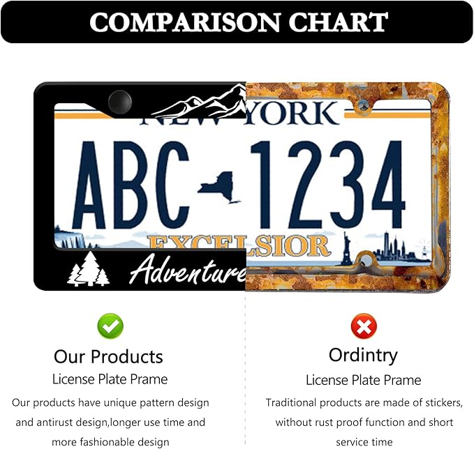 Adventure Awaits License Plate Frame - 2 PCS Mountain Tree Aluminum Metal License Plate Frames Holder, Rust-Proof Waterproof Car Decorative Tag Frames with Screws Fasteners Caps
