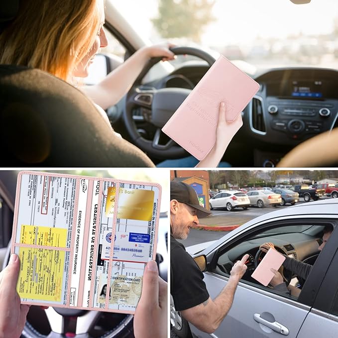 Leather Car Registration and Insurance Card Holder, Car Document Holder for Cards License with Magnetic Shut (Pink, large)