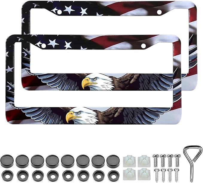 LIN KANG American Flag Eagle License Plate Frame Holder - 2 Pack Patriotic Universal Aluminum Matte Stripe US Flag Gloss Car Tag Frame Holder with Screws Fasteners Caps