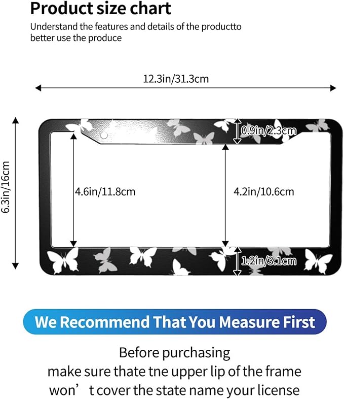 Black White Butterfly License Plate Frame - 1 Pack Aluminum Metal License Plates Butterflies License Plate Holder Novelty Auto Car Tag Universal Car Accessories with 2 Holes