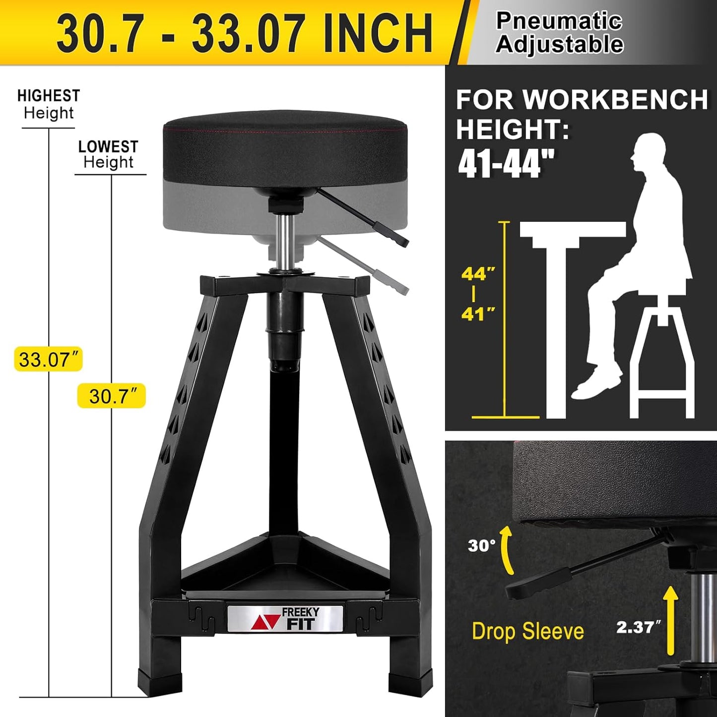 Adjustable Tall Shop Stool, Mechanic Garage Bar Stool Chair, Work Metal Chair for Workshop,360° Swivel Padded Seat, Tool Tray Storage, 350 LBS Capacity, Heavy Duty, Black