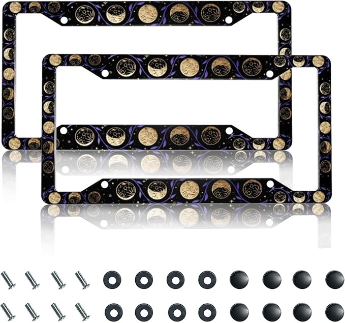 License Plate Frame 2 Pack Front Rear Aluminum Metal Rust-Proof Universal Car Tag Frames Holder with 4 Holes Car Decor Accessory with Screws for Men Women - Vintage Gold Moon Phase Flowers