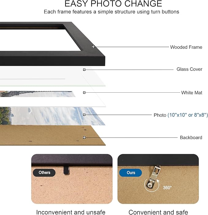 10x10 Picture Frame Set of 4, Made of Real Glass and Black Wooden Frame - Display Picture 8x8 with Mat or 10 x 10 Without Mat, 10 by 10 Photo for Wall or Tabletop