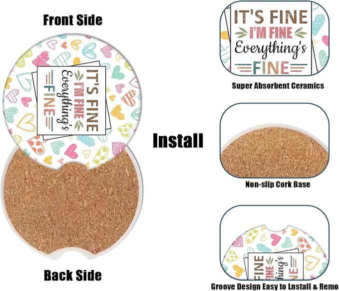 I'm Fine Car Cup Holder Coaster - Colorful Heart Absorbent Ceramic Coaster, Car Coasters for Cup Holders, Auto Accessories for Women & Men, Pack of 2