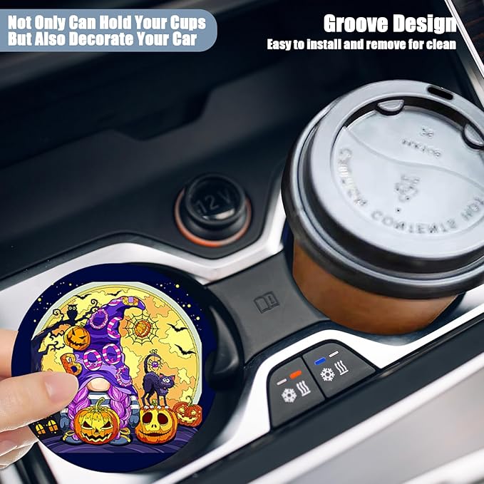 Car Cup Holder Coaster - Halloween Pumpkin Gnomes Absorbent Ceramic Coaster, Car Coasters for Cup Holders, Auto Accessories for Women & Men, Pack of 2