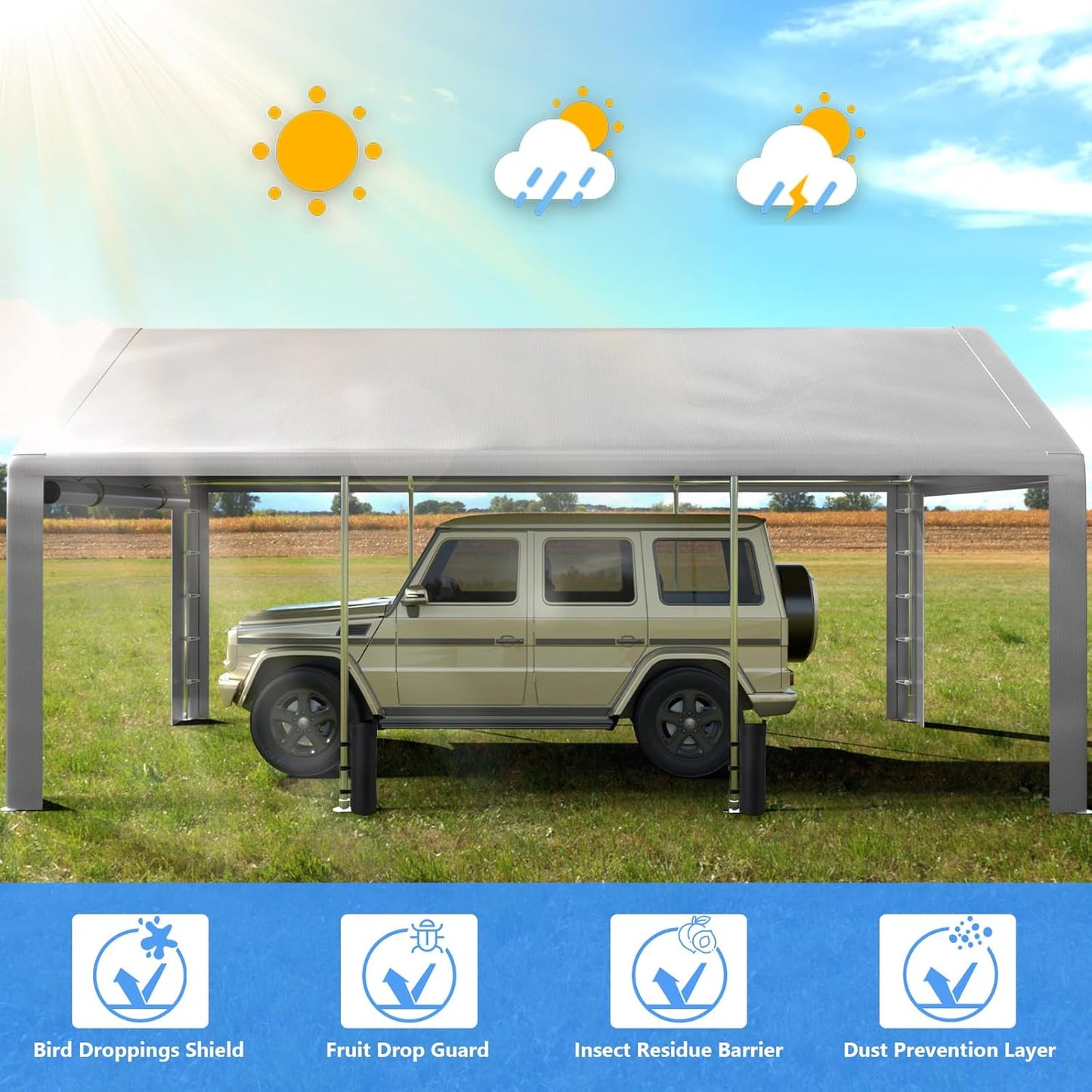 Carport 10x20 ft Heavy Duty with Roll-up Windows, Portable Garage with Removable Sidewalls & Doors, Car Canopy with Sandbags All-Season Tarp for Car Boat Truck Motorcycle