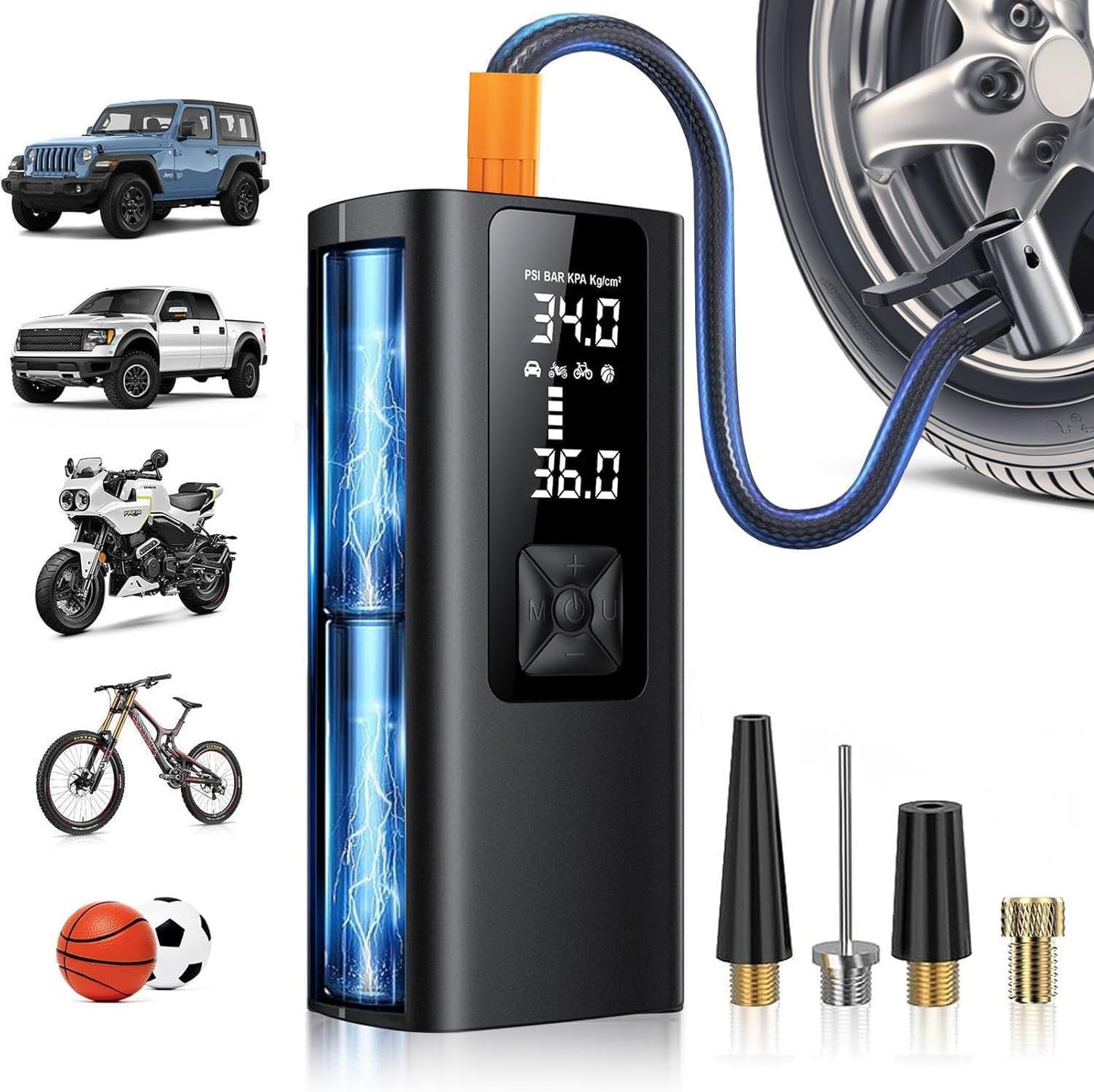 Tire Inflator Portable Air Compressor, 150 PSI & 3X Faster Cordless Air Pump for Car Tires, with Tire Pressure Gauge, LCD Dual Screen, Automatic Stop and LED Light, Bike Pump, for Motorcycle, Ball