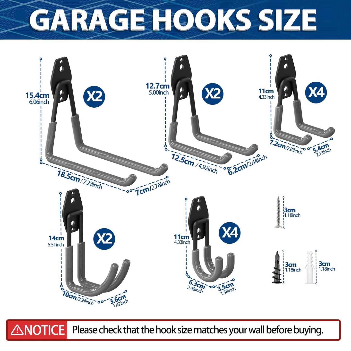 3-H Garage Wall Hooks 14 Pack, Garage Hooks Heavy Duty with Extra Welding Spots, Wall Mount Storage Organizer for Hanging Garden Lawn Tools Ladder Bike WeedEater Chair Shovel Blower (Grey)