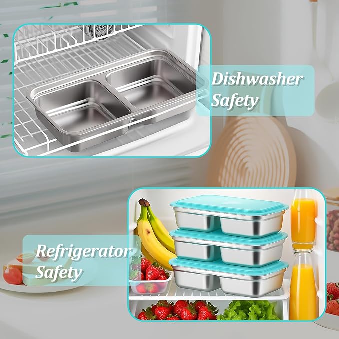 Stainless Steel Snack Containers Reusable with Lid, Grab and Go 2 Compartment Snack Food Storage Containers for School Travel and Outdoor Camping Dishwasher Safe (2)