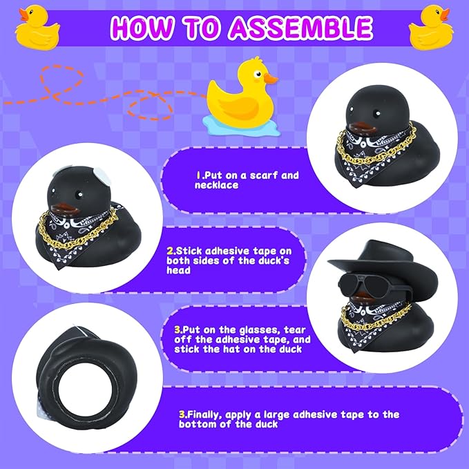 Black Cowboy Hat Rubber Duck for Car Dashboard & Home Decor - Mini Funny Rubber Ducks with Gold Chain, Sunglasses, Scarf & Hat Unique Duck Accessories Gift for Adults