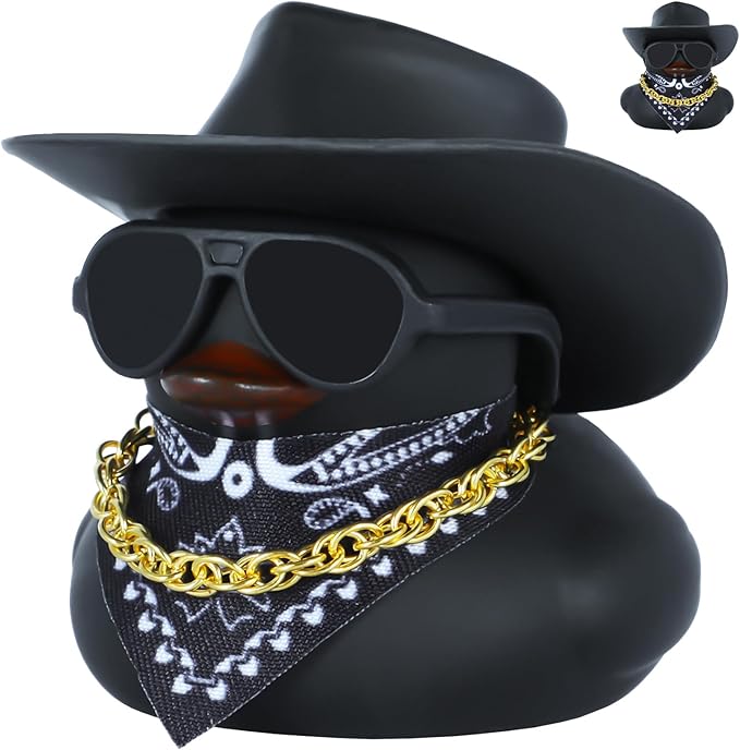 Black Cowboy Hat Rubber Duck for Car Dashboard & Home Decor - Mini Funny Rubber Ducks with Gold Chain, Sunglasses, Scarf & Hat Unique Duck Accessories Gift for Adults