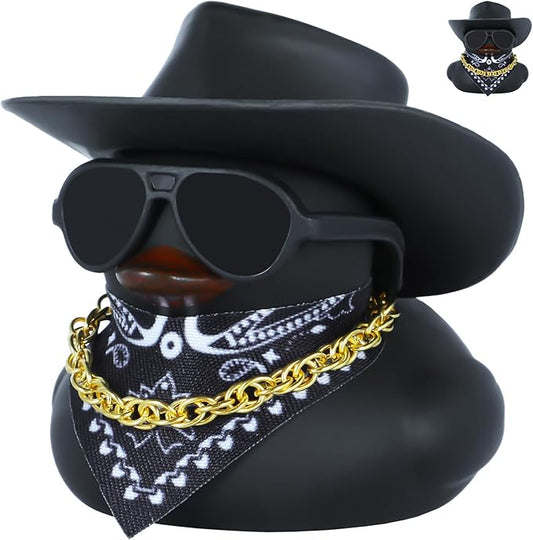 Black Cowboy Hat Rubber Duck for Car Dashboard & Home Decor - Mini Funny Rubber Ducks with Gold Chain, Sunglasses, Scarf & Hat Unique Duck Accessories Gift for Adults