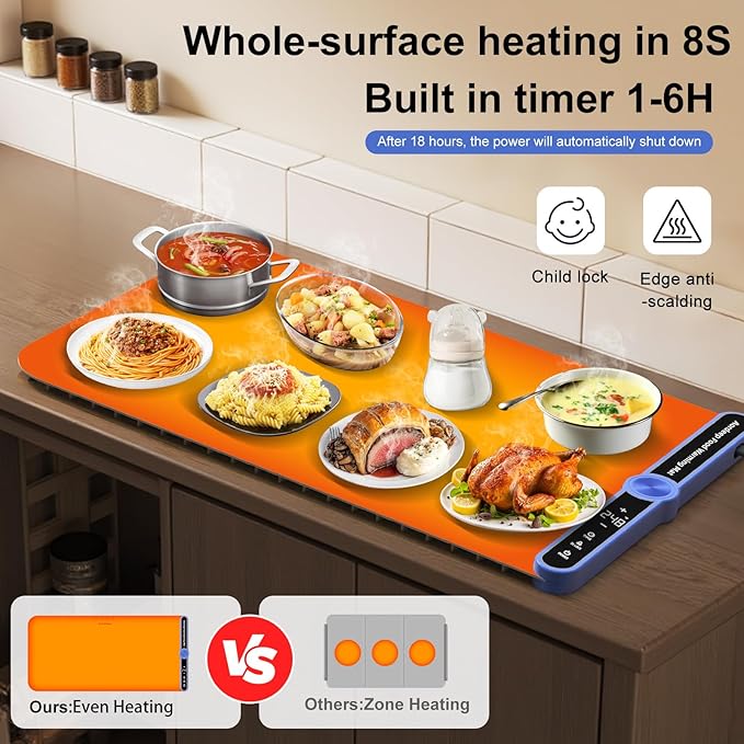 Silicone Food Warmers for Parties Buffet XL:32''X15'' Extra Large Warming Mat for Food 450W Max 248°F Portable Rolled-up Even Heating in 8S 9-Level TEMP Auto Power Off-Beige