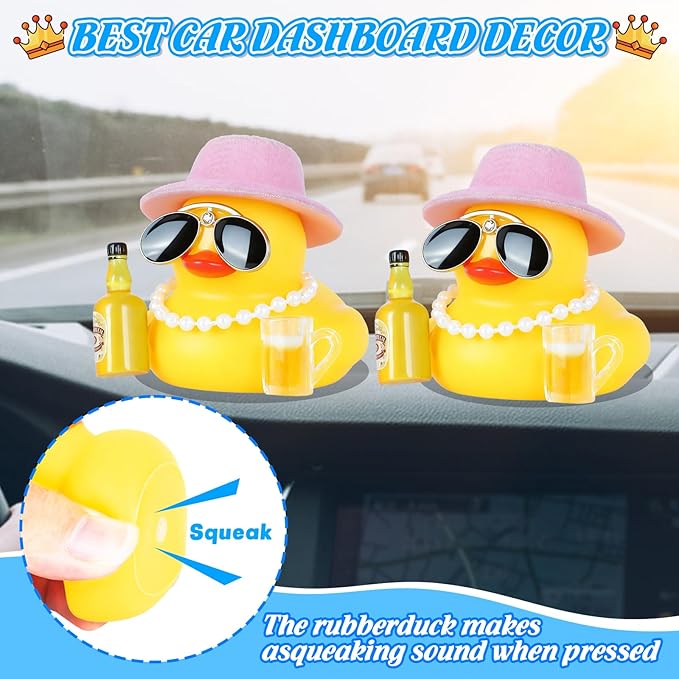 Funny Rubber Duck Car Dashboard Decor with Pink Hat, Pearl Necklace, Diamond Sunglasses, Beer Glass & Bottle - Squeaky Stress Reliever Accessory for Car Interior, Office Desk Decorations
