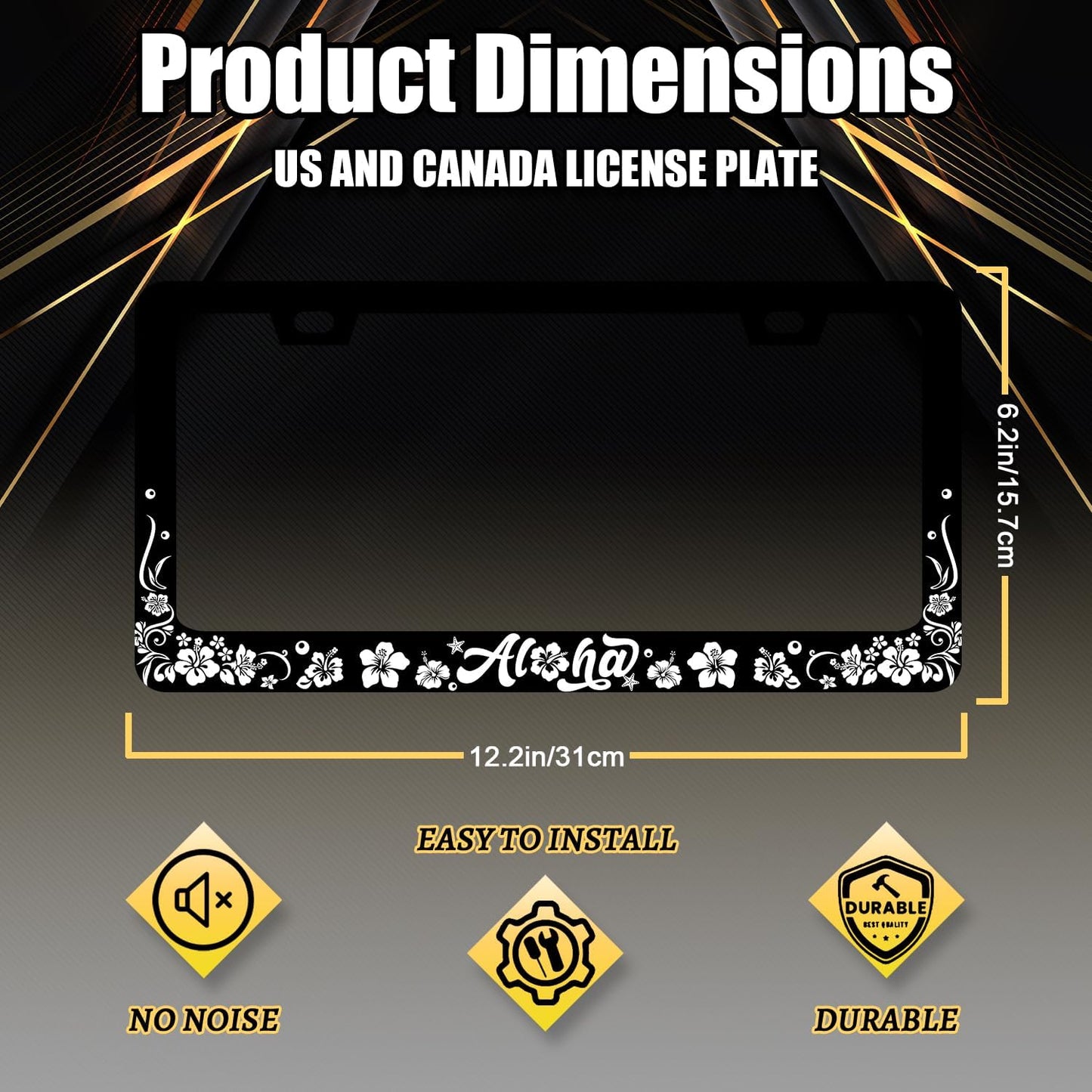 Aloha License Plate Frame Hibiscus Flowers License Plate Holder Stainless Steel Funny Design with 2 Holes and Screws 12.3" x 6.3"