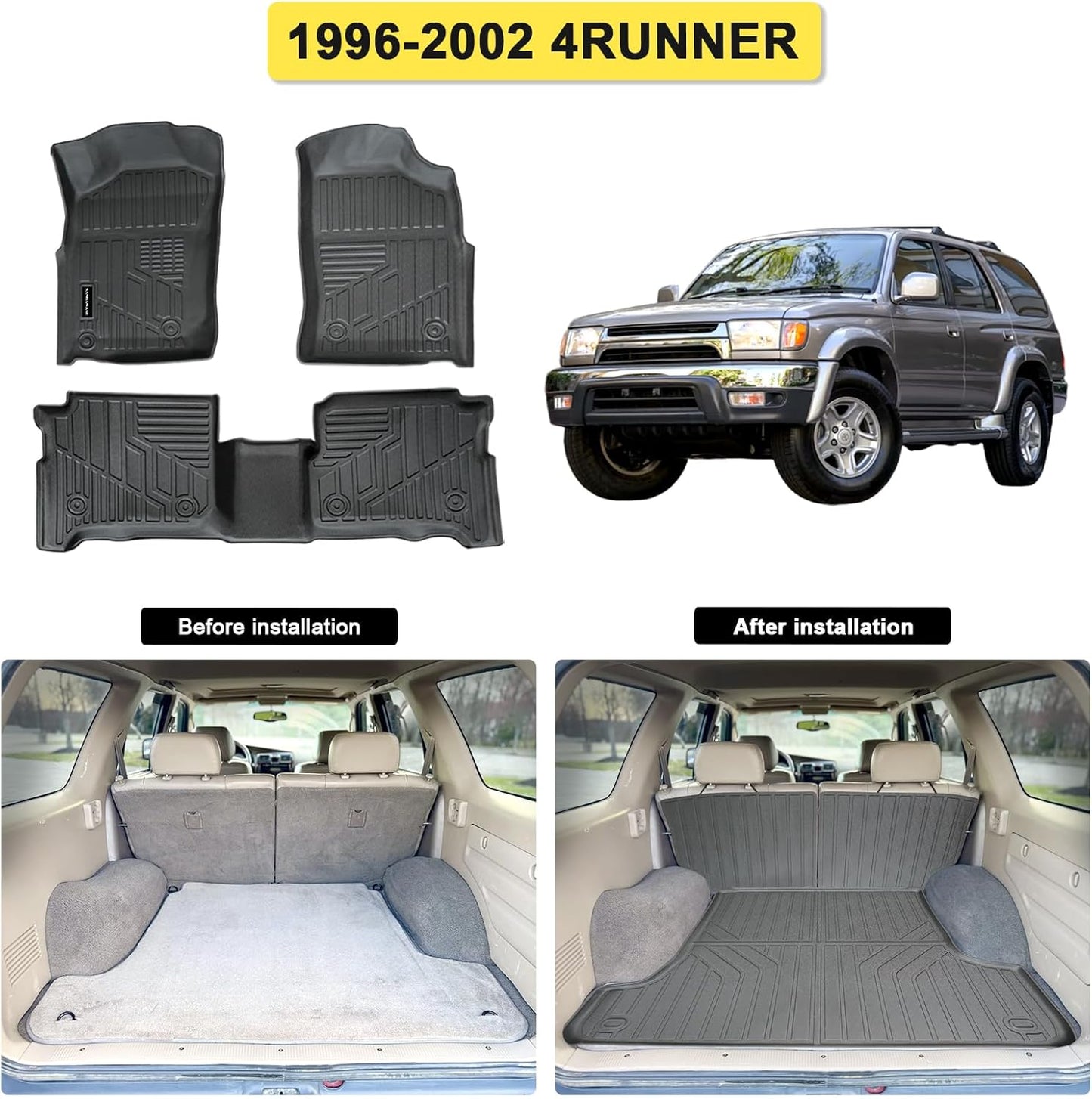 All-Weather Floor Mats Trunk Mats &Cargo Liners for Toyota 4Runner (1996 1997 1998 1999 2000 2001 2002) - 3rd Gen 4Runner Customized Protection, Lasting Durability