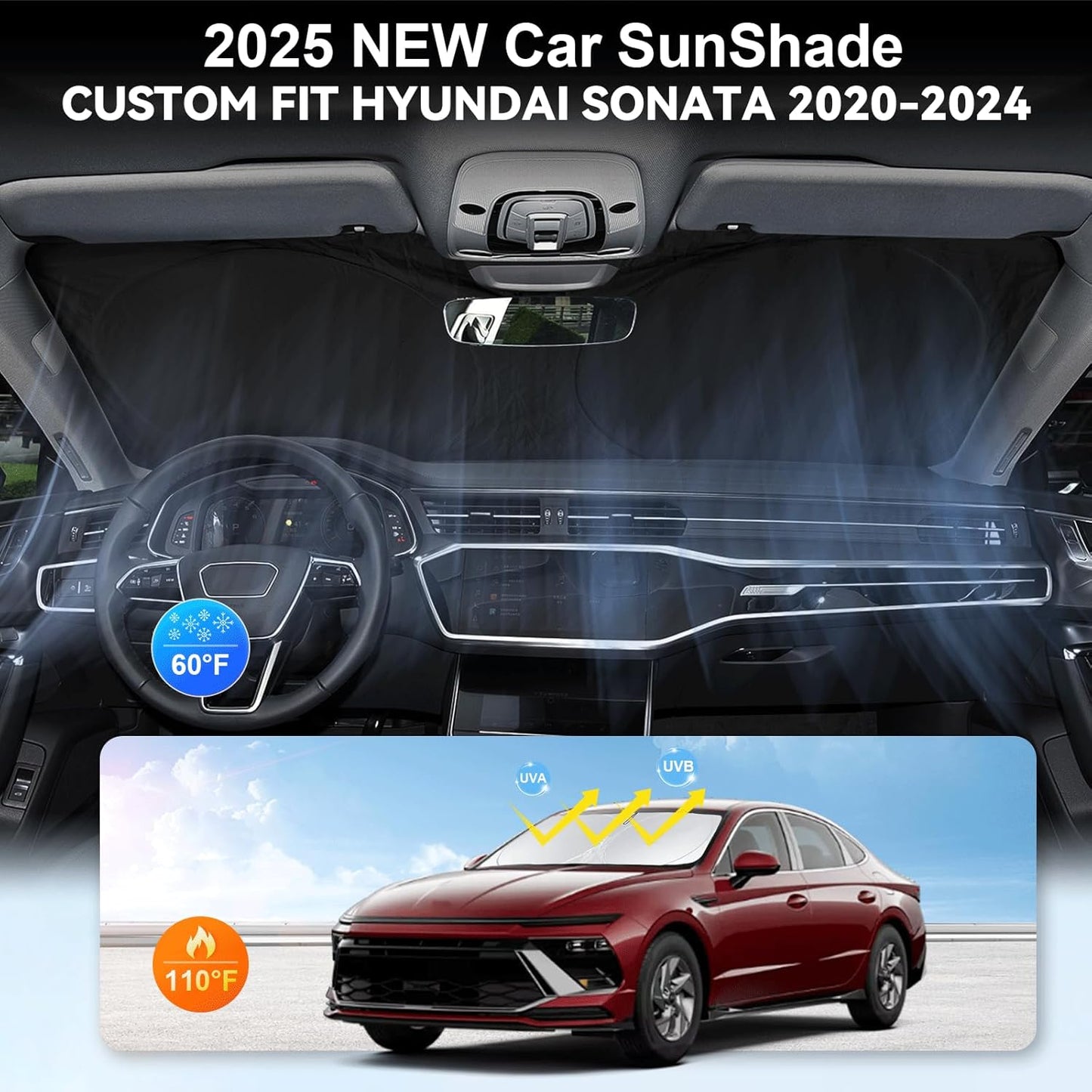 Custom Fit Sonata Windshield Sunshade for 2020-2024 2025 Hyundai Sonata Front Window Retractable Shades Cover for Windshield Sun Visor Protector 210T Reflector Blocks UV Rays Cooler Car Accessories