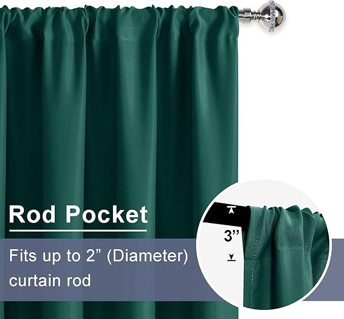 JIUZHEN Forest Green Curtains for Bedroom - Thermal Insulated Blackout Drapes, Room Darkening Rod Pocket Curtains for Dining Room Kids Room, Set of 2 Panels with Tiebacks, 42 x 63 Inch Length