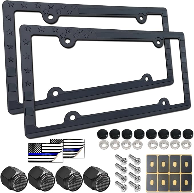 Aootf American Flag License Plate Frames- Patriotic Black USA Stars and Stripes Flag Car Tag Frame, 2 Pack 4 Hole Thin Plastic Holder for Front and Rear, Screws Caps, Auto Accessories