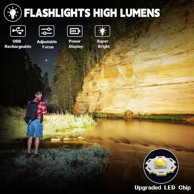 3Pack Rechargeable Flashlights High Lumens, 5Modes LED Flashlight Rechargeable, Super Bright Flashlight High Powered, Adjustable Tactical Flashlight, Powerful Flash Light for Home Emergencies