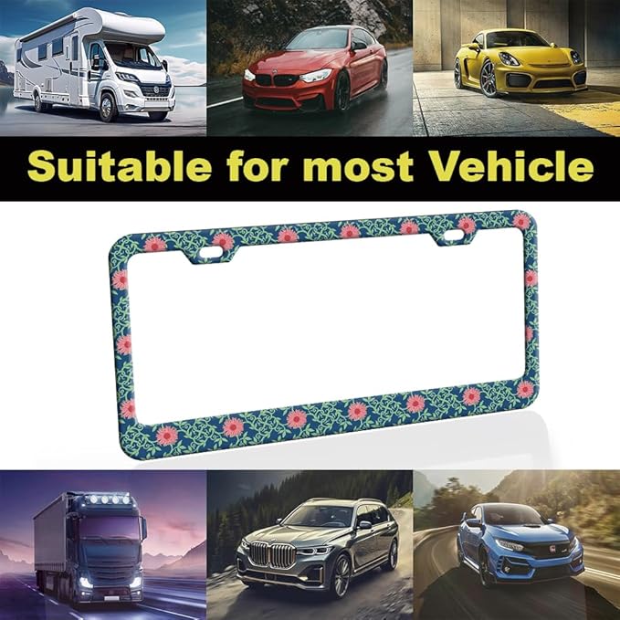 1pcs Pink Daisy Floral Blue License Plate Frame for Women, Daisies Flowers car Decorative tag Frames Girly,Green Leaves License Plate Cover Holder for Vehicle with Double Sided car Keychain tag
