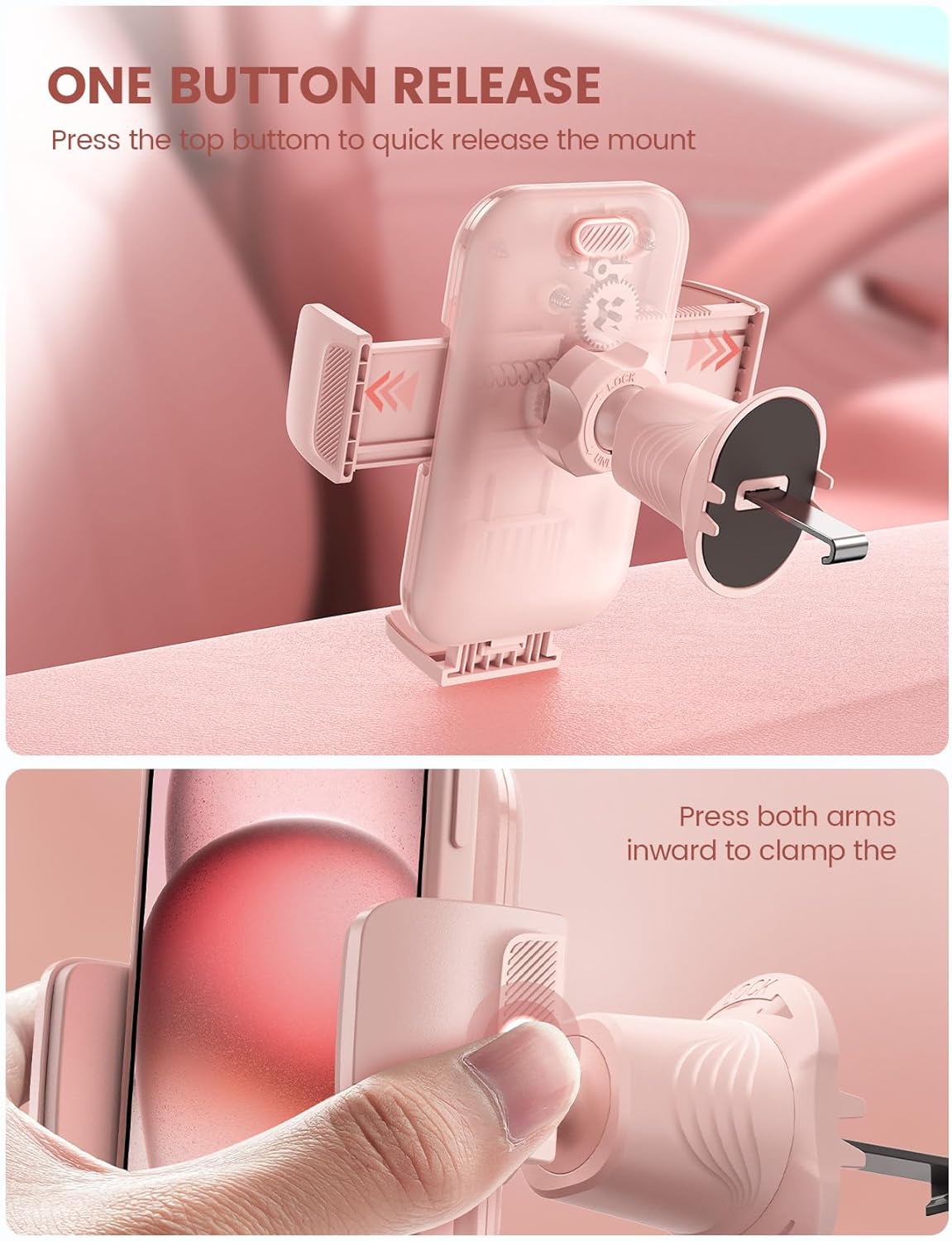 Lamicall 2025 Wider Clamp & Metal Hook Car Phone Holder Vent [Thick Cases Friendly] Phone Holders for Your Car Mount Automobile Hands Free Cradle Air Vent Pink